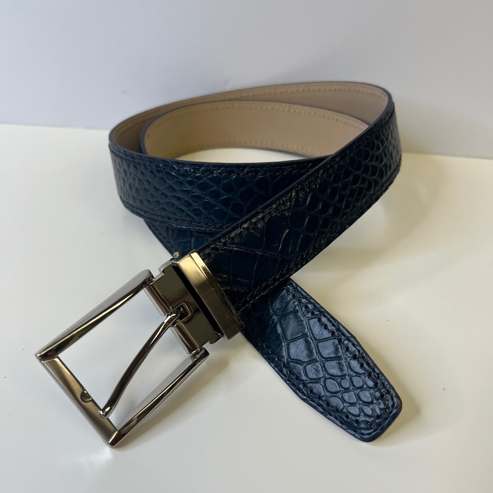 Italian Select Mens Navy Blue Crocodile Embossed Leather Belt Made in Italy 40